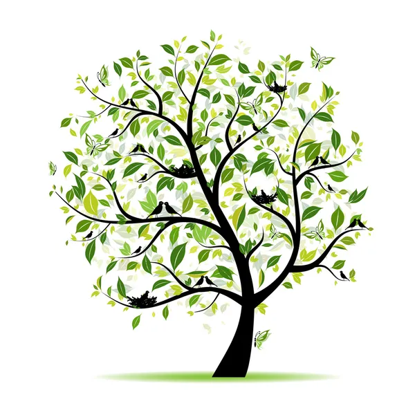 Wiosenne drzewo zielone z ptakami dla Twojego projektu — Wektor stockowy