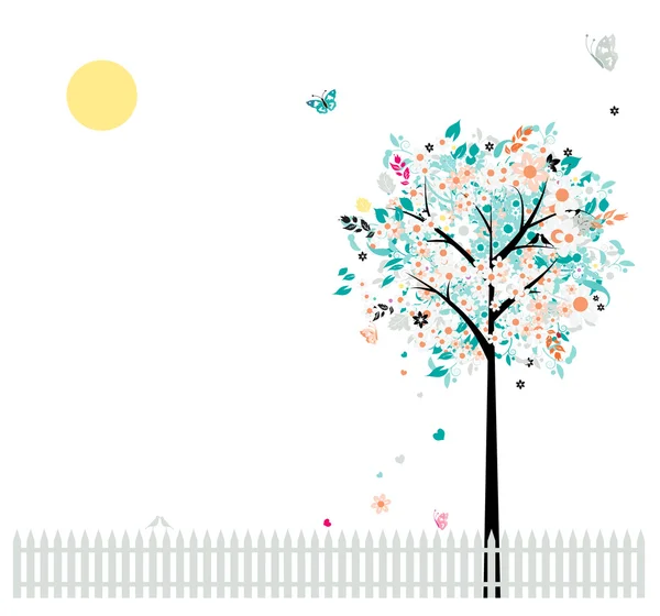 Albero floreale bello per il vostro disegno, uccelli sulla recinzione — Vettoriale Stock