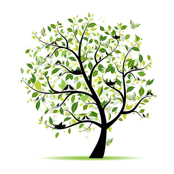 Árbol de primavera verde con pájaros para tu diseño — Vector de stock