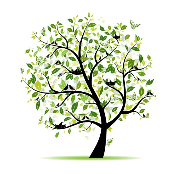 Árbol de primavera verde con pájaros para tu diseño — Archivo Imágenes Vectoriales