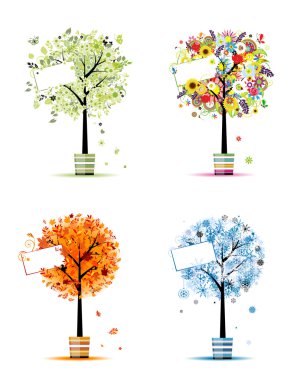 Four seasons - spring, summer, autumn, winter. Art trees in pots for your d