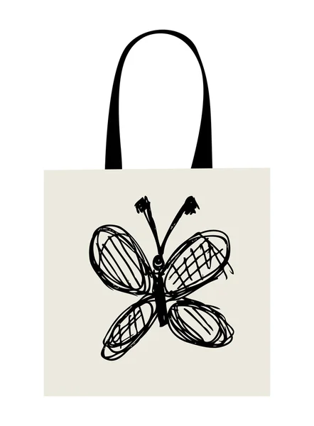 Diseño de bolsa de compras, divertido boceto de mariposa — Vector de stock