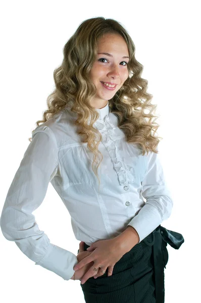Lachende meisje in een wit overhemd en een zwarte rok — Stockfoto