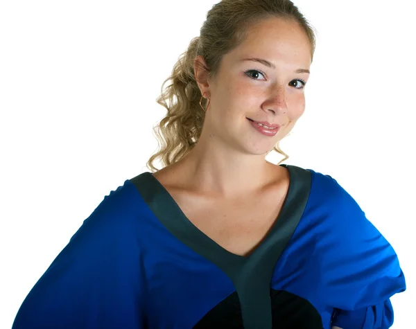 Meisje in jurk van blauwe en zwarte kleuren — Stockfoto