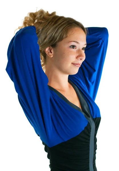 Meisje in jurk van blauwe en zwarte kleuren — Stockfoto