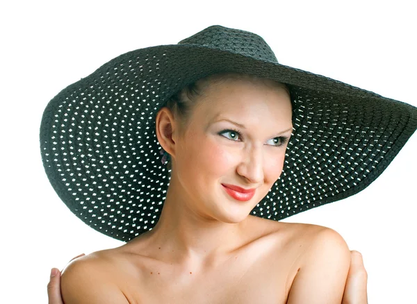 Portrait Beautiful Women Black Hat Isolated White Background Shallow Dof — Stock Photo, Image