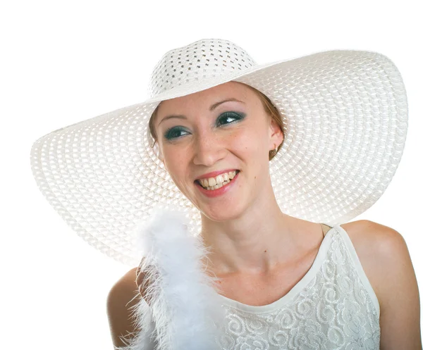 Retrato Bela Menina Sorridente Chapéu Branco Vestido Boa Isolamento Sobre — Fotografia de Stock
