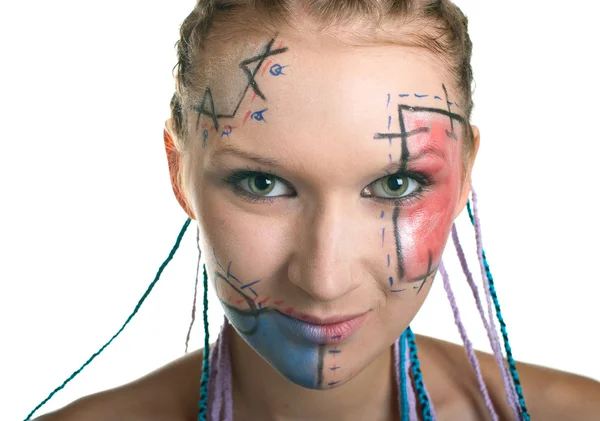 Smiling girl with plaits and geometrical makeup — Stock Photo, Image