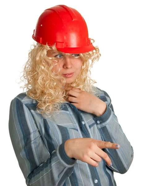 Blonde women in a red building helmet — Stock Photo, Image