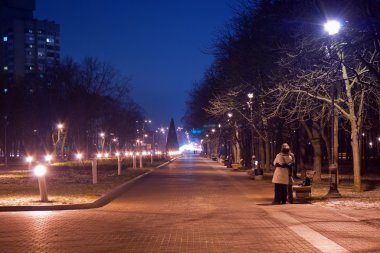 Şehir gece sahne ışıkları ve kar