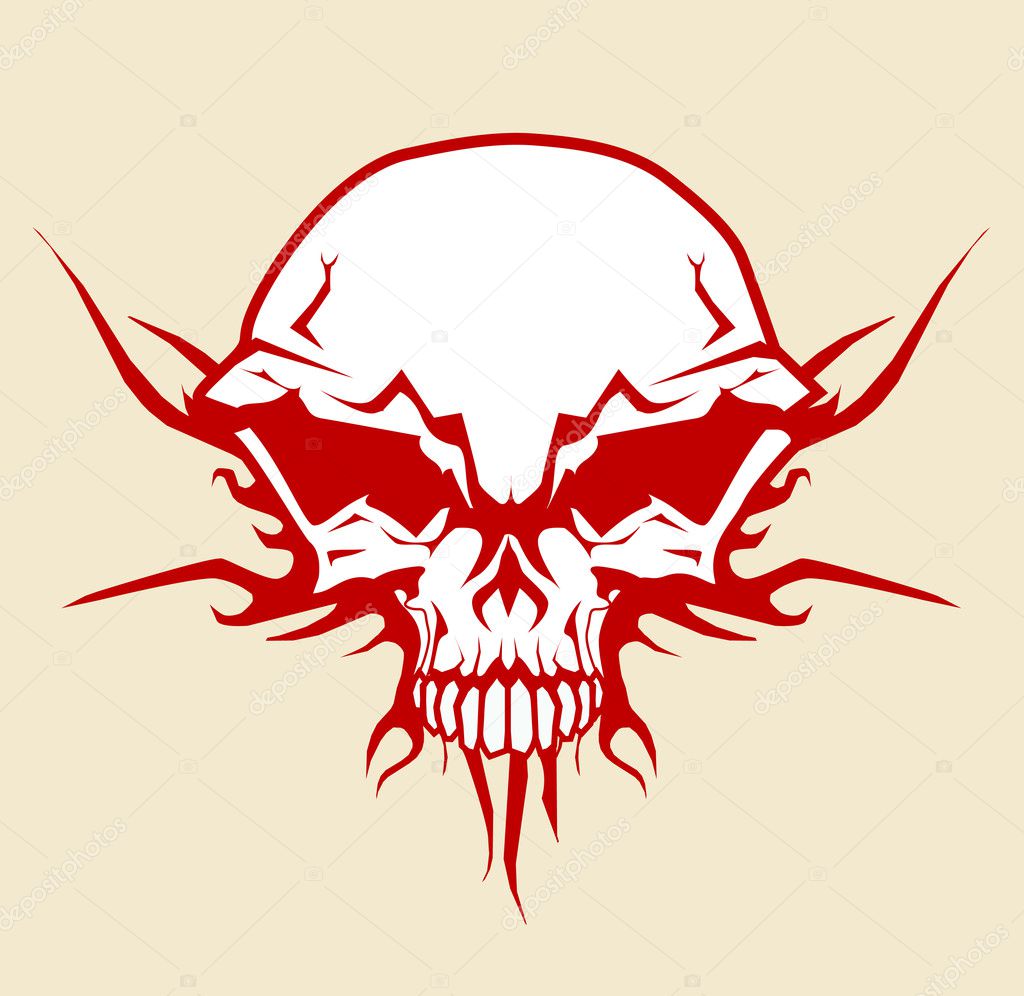 Illustration of human skull with tribal fire ornaments