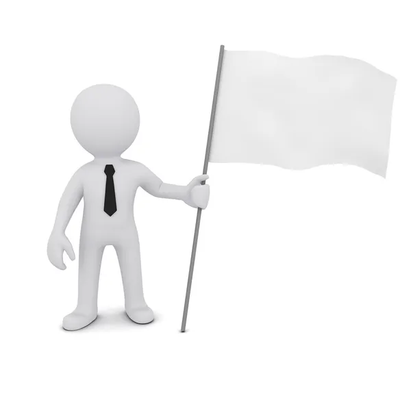 Pequeno homem tridimensional segurando uma bandeira branca — Fotografia de Stock