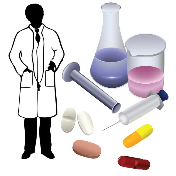 Medications and the silhouette of a physician. — Stock Vector