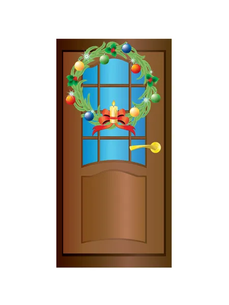 Door and a Christmas wreath. — Stock Vector