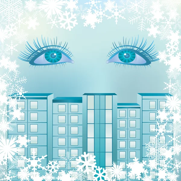 Eyes on the background of the cityscape with snowflakes — Stock Vector