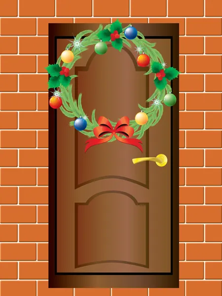 Christmas wreath and the front door. — Stock Vector