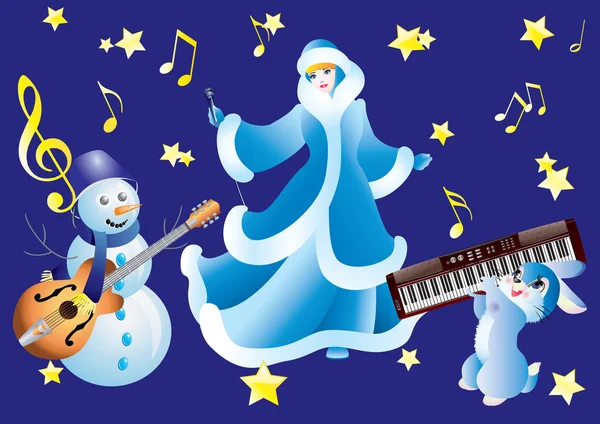 Snowman, Snow White and the rabbit with musical instruments. — Stock Vector