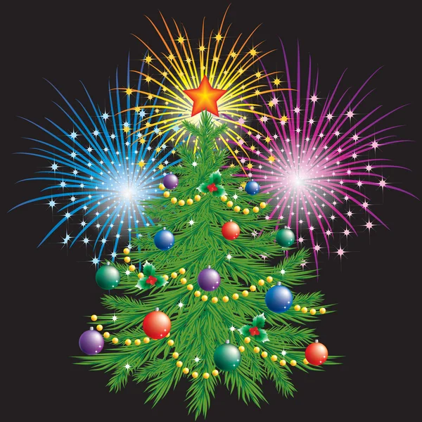 Χριστουγεννιάτικο δέντρο και πυροτεχνήματα. — Διανυσματικό Αρχείο