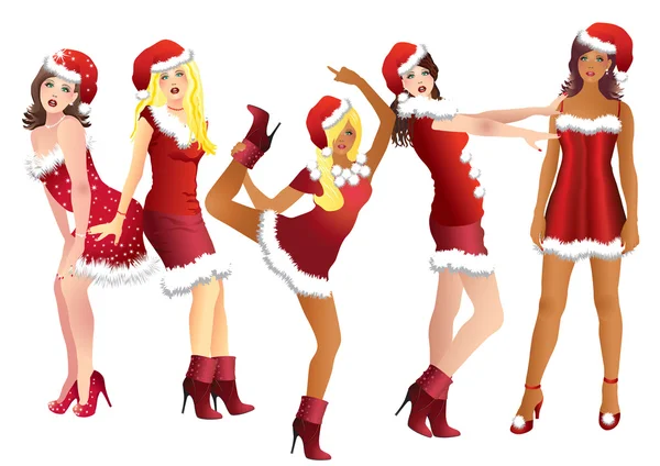 Vijf Maagden Van Sneeuw Rode Kostuums Christmas Bell — Stockvector