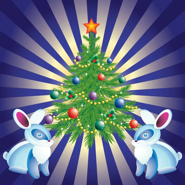 Weihnachtsbaum Und Kaninchen Auf Einem Hintergrund Blauer Strahlen — Stockvektor