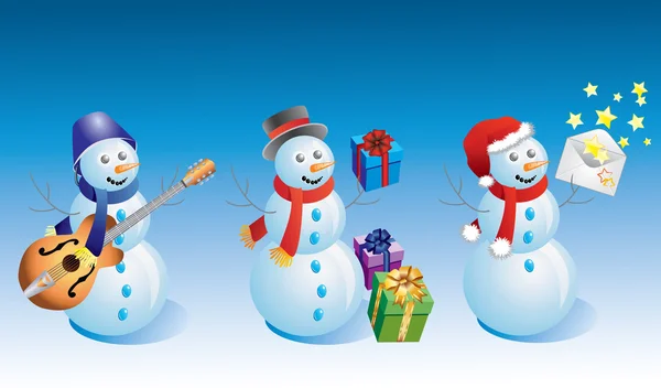 三个雪人与一把吉他 礼物和一封信 — 图库矢量图片