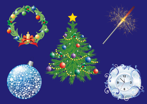 Christmas tree ball, a clock, a wreath and sparkler.