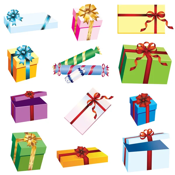 Boîtes Cadeaux Colorées Avec Rubans Sur Fond Blanc — Image vectorielle