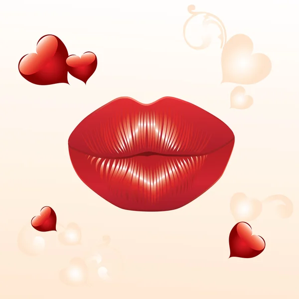 Background Valentine Day Red Lips Hearts — Stock Vector