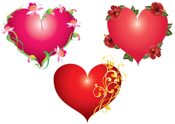 Три Красных Абстрактных Сердца Цветами Орнаментами — стоковый вектор