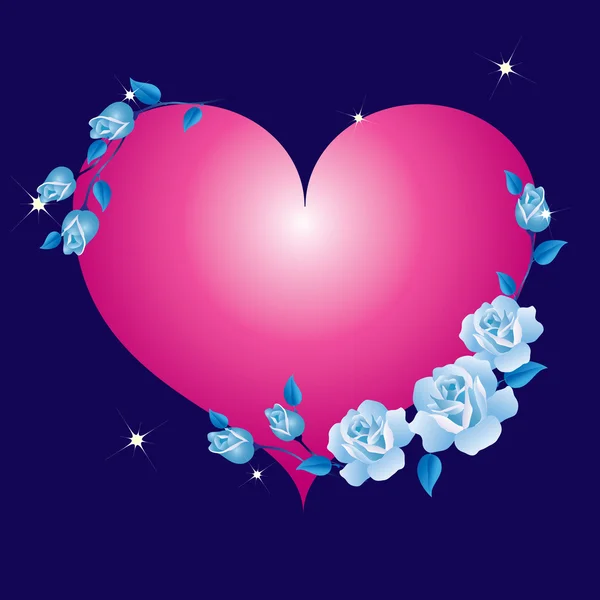 Abstraktes Herz Eingerahmt Von Blauen Rosen Auf Blauem Hintergrund — Stockvektor