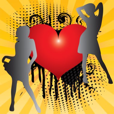 Background Valentine's Day with a red heart and the silhouette of a girl on the background radiation. clipart