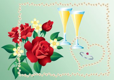 Ring, a bouquet of red roses, champagne glasses and pearls. clipart