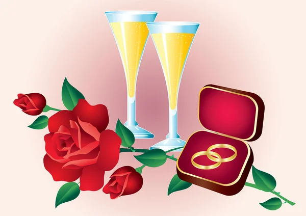 Two rings, roses and glasses. — Stock Vector