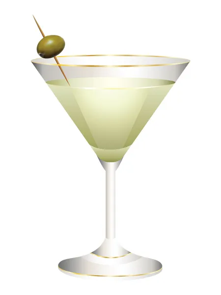 玻璃与一杯鸡尾酒和白色背景上的绿色橄榄 — 图库矢量图片