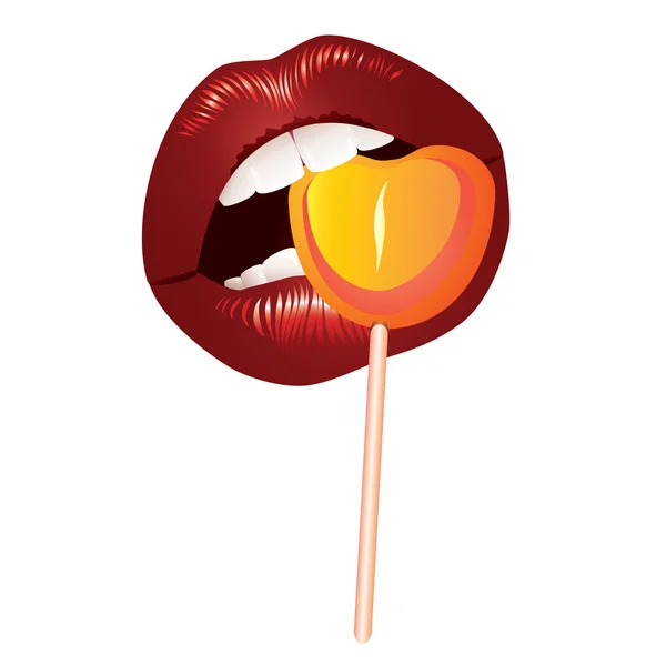 红衣女的嘴唇和白色背景上的糖果 — 图库矢量图片