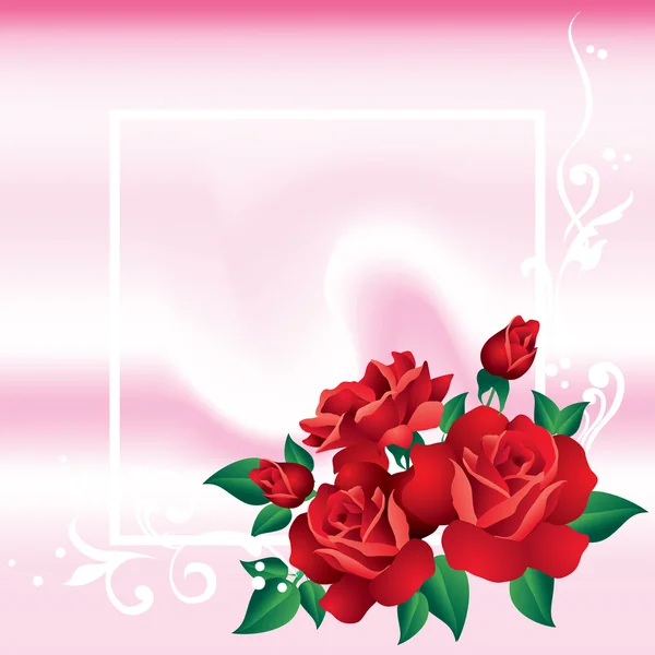 ピンクの背景に飾りと赤のバラと抽象的なフレーム — Stock vektor