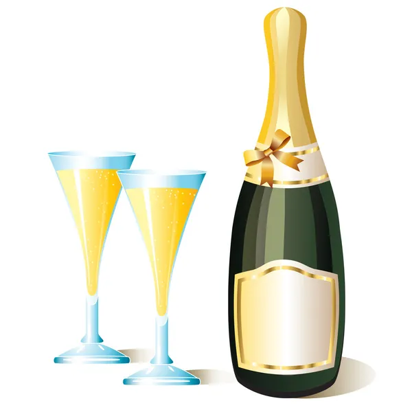 一瓶香槟酒和两个眼镜在白色背景上 — 图库矢量图片