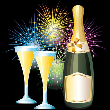 A bottle of champagne and two glasses on the background of fireworks. clipart