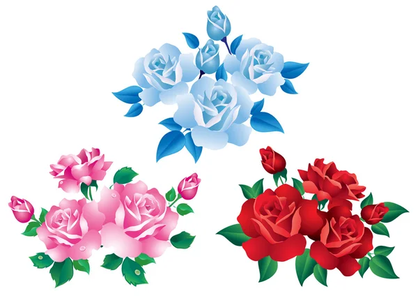 白地に赤 ピンクおよび青いバラの花束 — ストックベクタ
