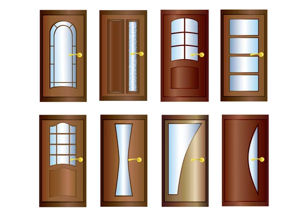 Eight Wooden Doors Glass Gold Doorknobs — Stock Vector