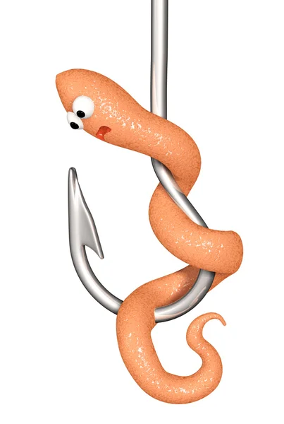 3d worm assustado em um gancho de pesca — Fotografia de Stock