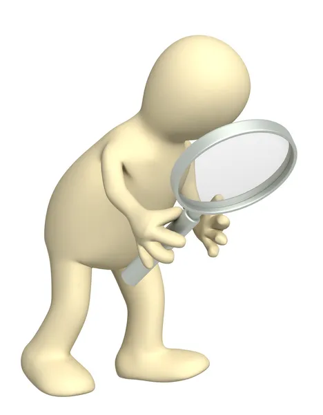3d puppet, holding magnifier — Stock Photo, Image