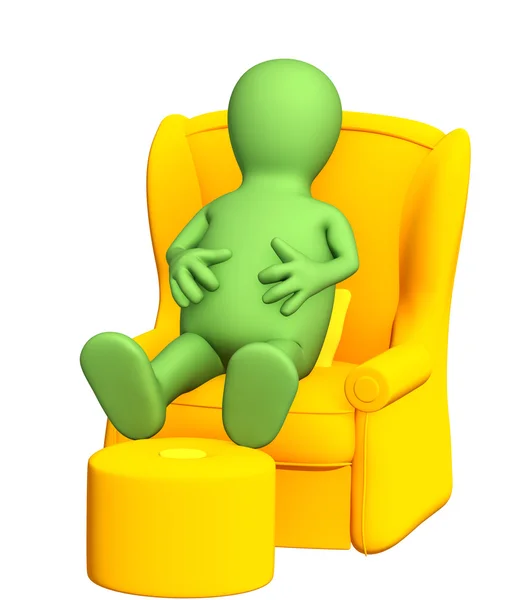 3d puppet, having a rest in a soft armchair — Stock Photo, Image