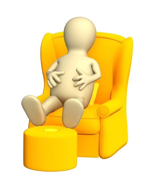 3d puppet, having a rest in a soft armchair — Stock Photo, Image
