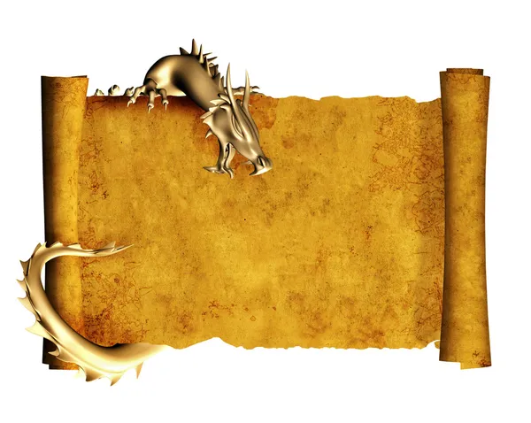 Dragon and scroll of old parchment — Stock Photo, Image