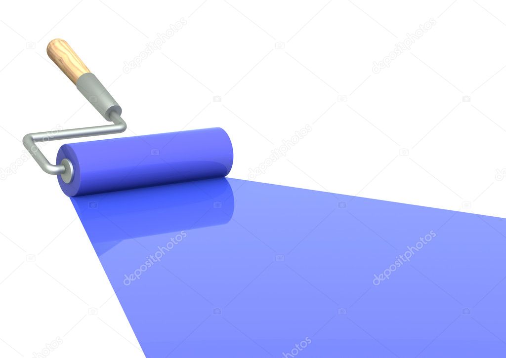 Platen painting with an blue paint. Isolated over white