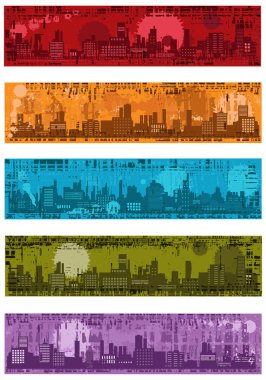Collection of vector grunge banners with towns clipart