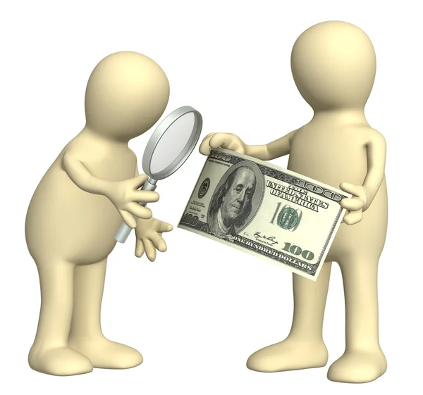 Uwierzytelnianie Banknotu Dwie Lalki Lupka Dolar Banknotów — Zdjęcie stockowe