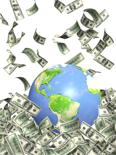 Jorden Och Fallande Dollar Sedlar Isolerade Över Vita — Stockfoto