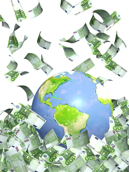 Earth Falling Euro Banknotes Isolated White — Stock Photo, Image